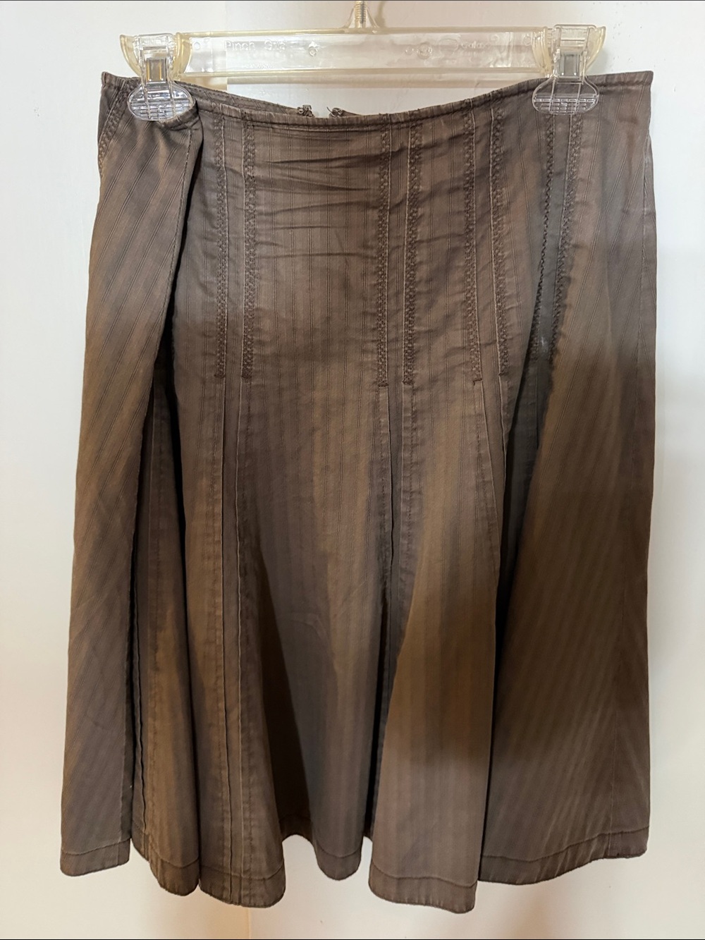 CAbi Brown Structured A-Line Panel Skirt, knee length